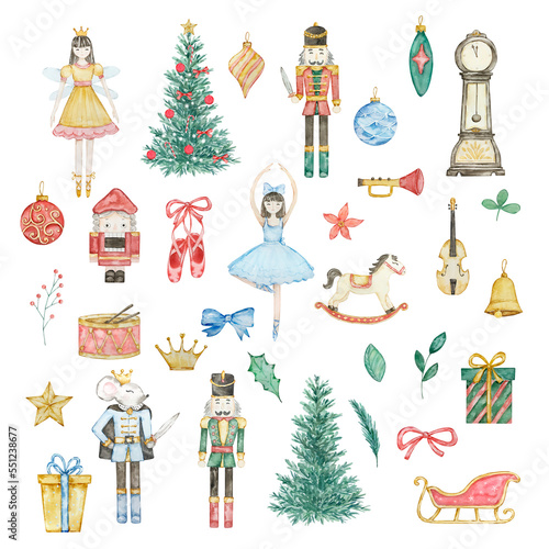 Carta da parati Watercolor Nutcracker Christmas set, ballerina, soldier, mouse king and toys