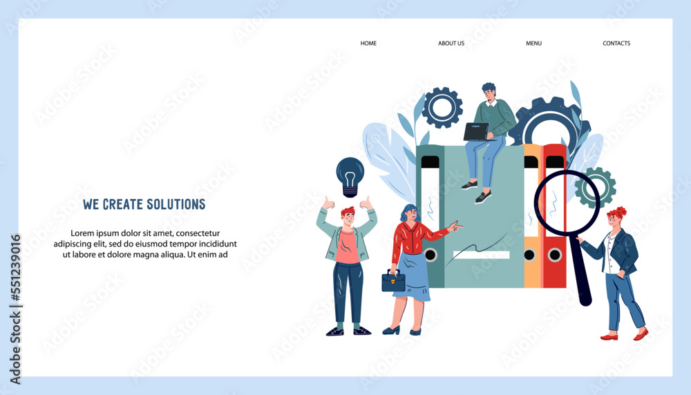 Website mockup on business team and partnership topic with characters, flat vector illustration. Business concept of collaboration and success.