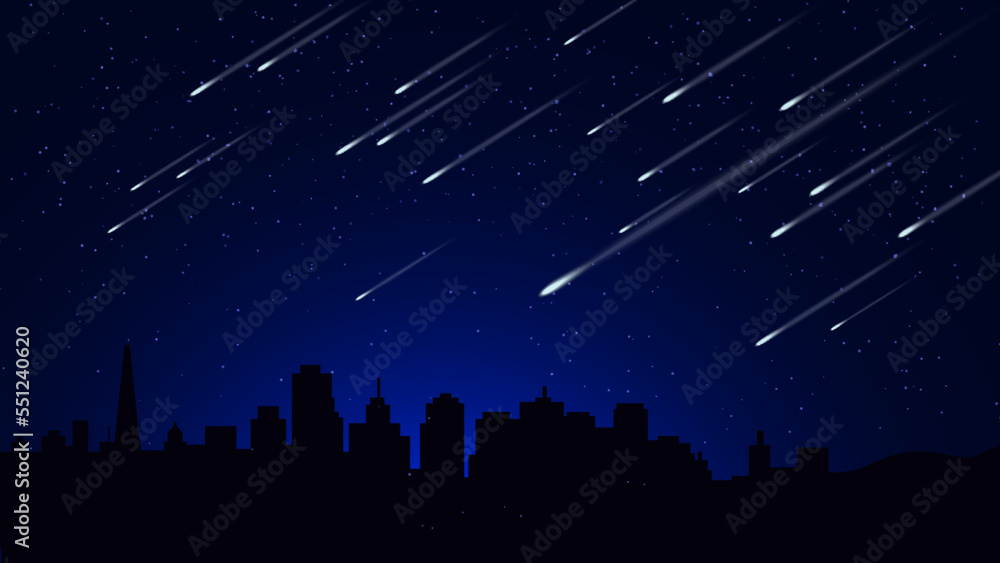 Minimal night city landscape. Meteor shower and starry sky. Use as background or wallpaper.