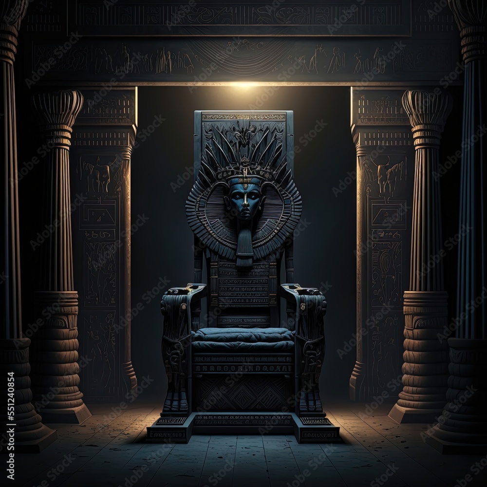 Throne of the Pharaoh. Black room interior in ancient Egyptian style