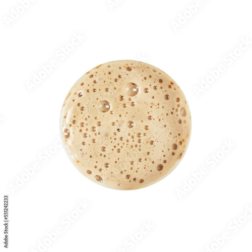 Cup of coffee with foam, latte. Object isolated on white background. Top view. Hot morning drink. Flat lay composition. Breakfast, break concept.