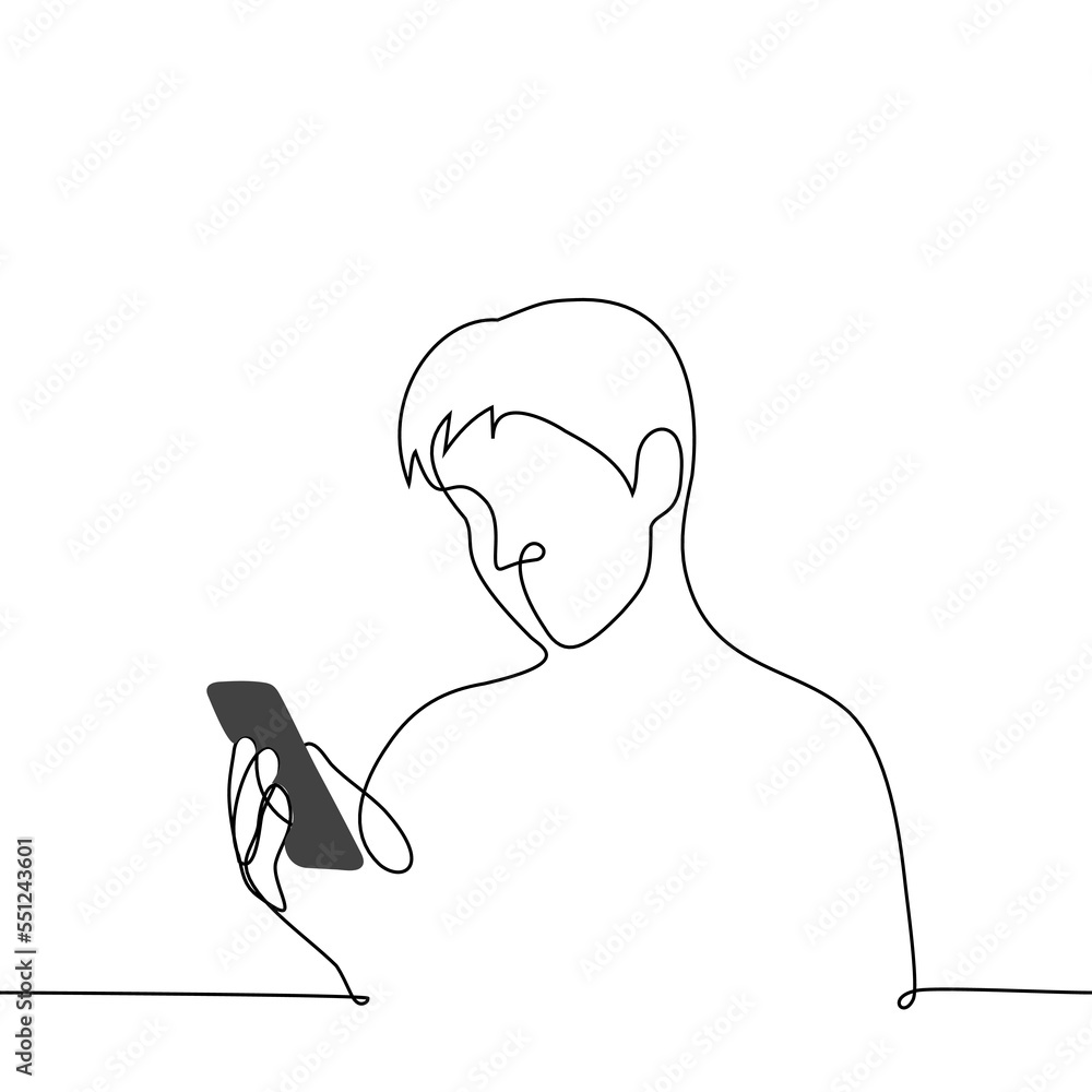 man holding the phone with one hand and looking at the screen - one line drawing vector. concept internet addiction, phone addiction man holding the phone with one hand and looking at the screen - one line drawing vector. concept internet addiction, phone addiction