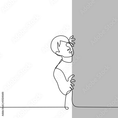 man peeking around the corner - one line drawing vector. concept to peep or eavesdrop