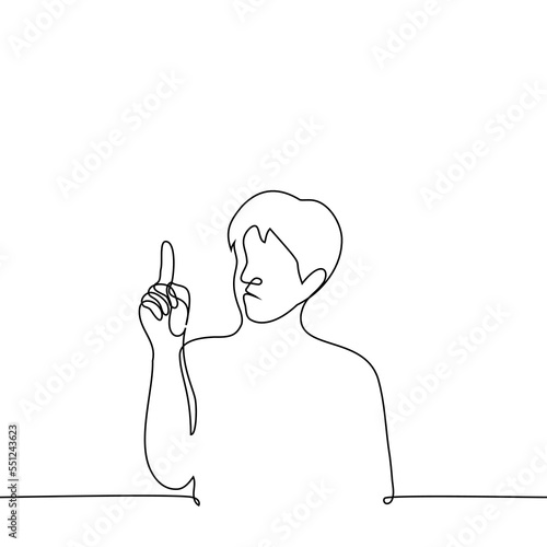 man raised index finger up - one line drawing vector. concept to teach in a patronizing tone, to reprimand for mistakes or bad behavior, a bruised finger