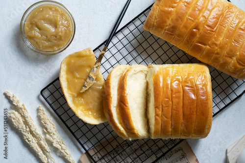 a bread with srikaya jam taken from flatlay angle photo