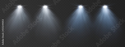 Automotive light, glow transport led spotlight. Glowing white, blue headlight on a transparent dark background.