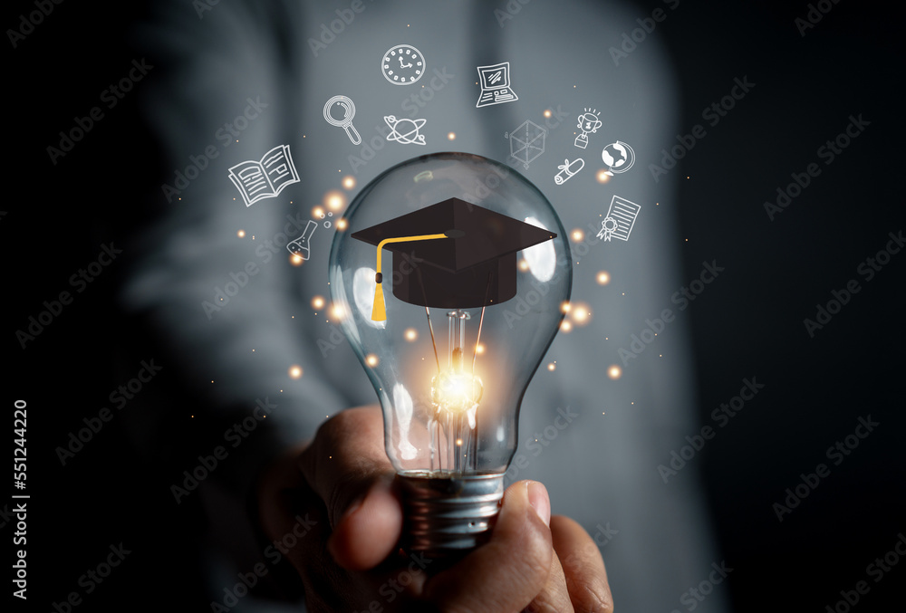 E-learning graduate certificate program concept. man hands showing graduation hat, Internet education course degree, study knowledge to creative thinking idea and problem solving solution - obrazy, fototapety, plakaty 