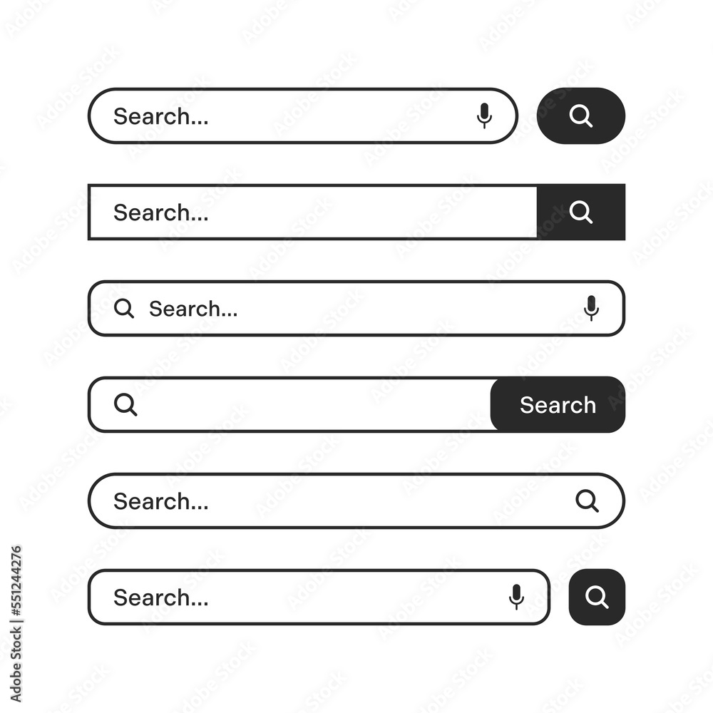 Various search bars with outline border. Internet browser engine with search box, address bar and text field. UI design, website interface element, web icons and push button. Vector illustration