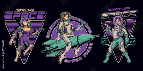Set of vintage pin up girls astronauts, these illustrations can be used as t shirt prints