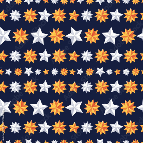 Christmas seamless pattern with gold and white stars on a blue background. Suitable for holiday wrapping paper  fabric  wallpaper