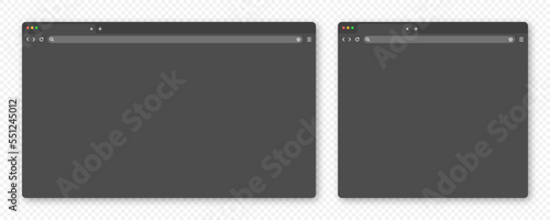 Blank web browser window with tab, toolbar and search field. Modern website internet page in flat style. Browser mockup for computer, tablet or smartphone. Adaptive UI, dark mode. Vector illustration