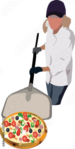Woman in pizza maker's uniform in her work-