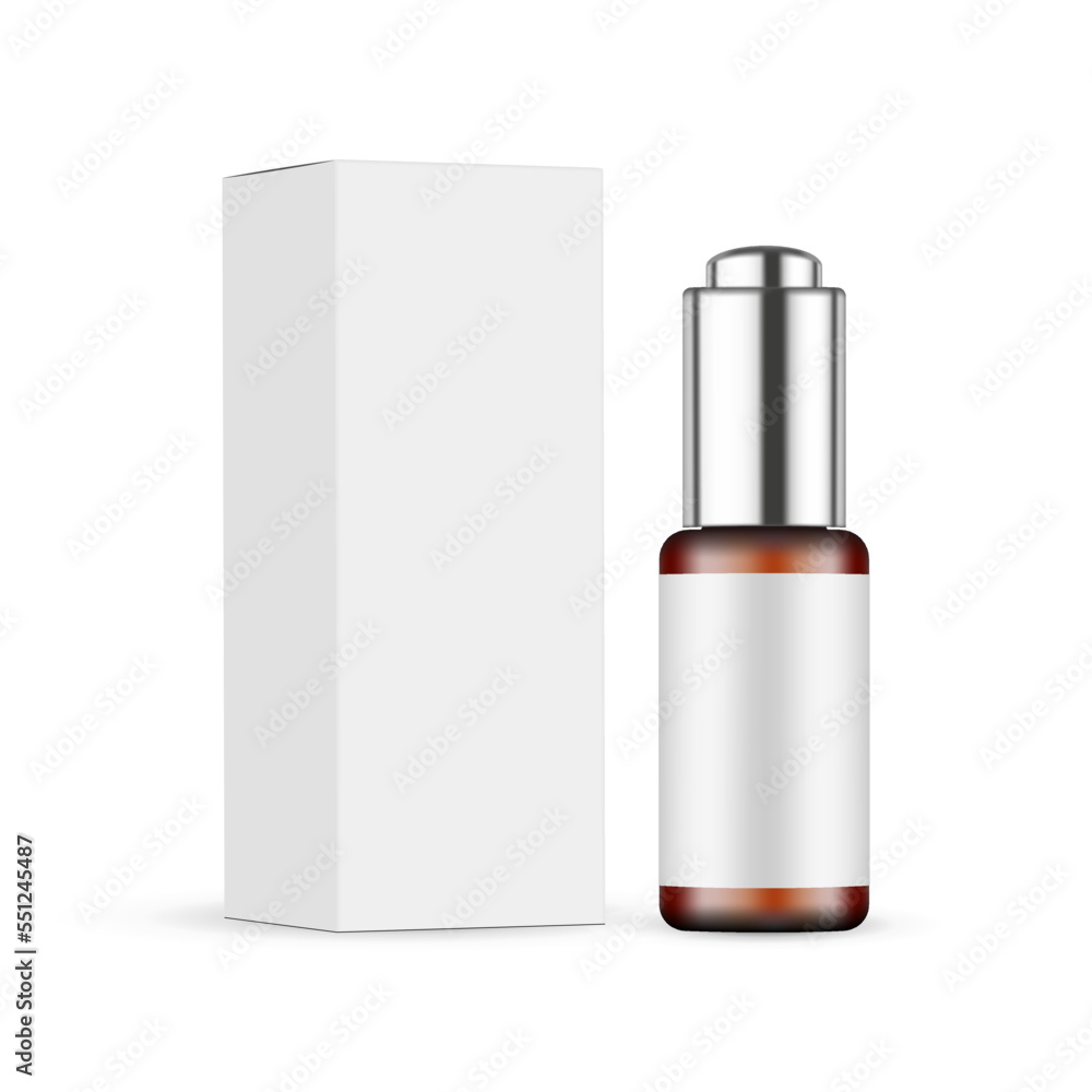 Amber Dropper Bottle Mockup With Blank Label, Rectangular Packaging Box, Isolated on White Background. Vector Illustration Amber Dropper Bottle Mockup With Blank Label, Rectangular Packaging Box, Isolated on White Background. Vector Illustration