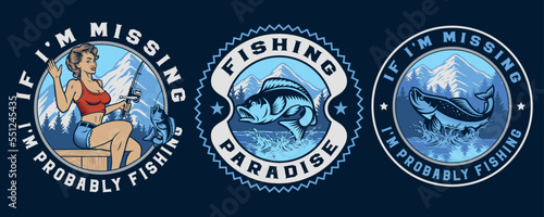 Set of vintage badges on the theme of fishing with pin up girls, fish, mountains 
