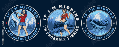 Set of vintage emblems on the theme of fishing with pin up girls, fish, mountains 