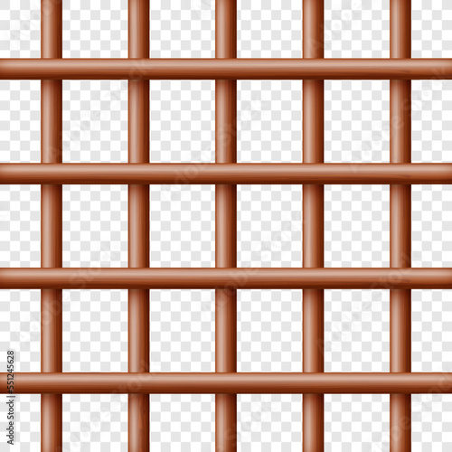 Realistic dark wooden lattice, rural picket fence. Farm or village house boundary, garden enclosing planks. Detailed wooden jail cage. Criminal background mockup. Creative vector illustration