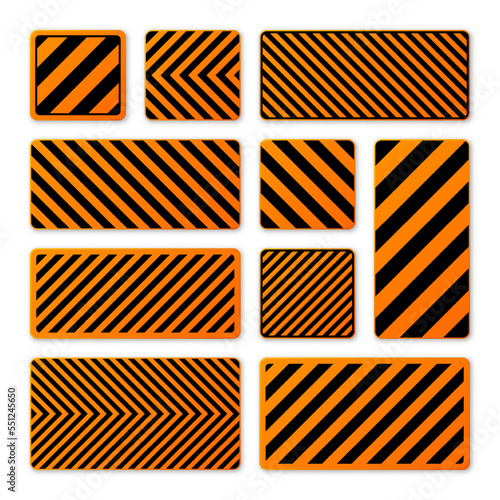 Various black and orange warning signs with diagonal lines. Attention, danger or caution sign, construction site signage. Realistic notice signboard, warning banner, road shield. Vector illustration