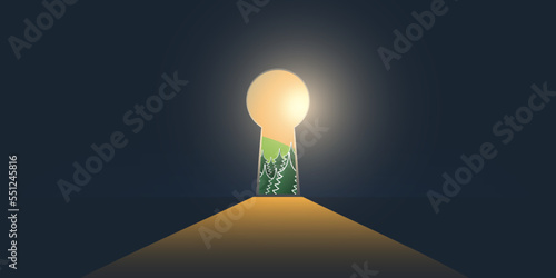 Hope, Curiosity, Dreaming or New Idea Concept - Key Hole on Dark Blue Wall with Glowing Sun Light, Nature, Pine Forest on the Other Side-Final Remedy Concept, Template,Vector Design in Editable Format