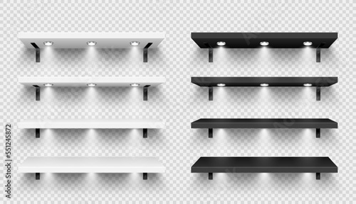 Realistic store shelves with wall mount and lighting, spotlights. Empty product shelf, grocery wall rack. Mall and supermarket furniture, bookshelf. Modern interior design. Vector illustration