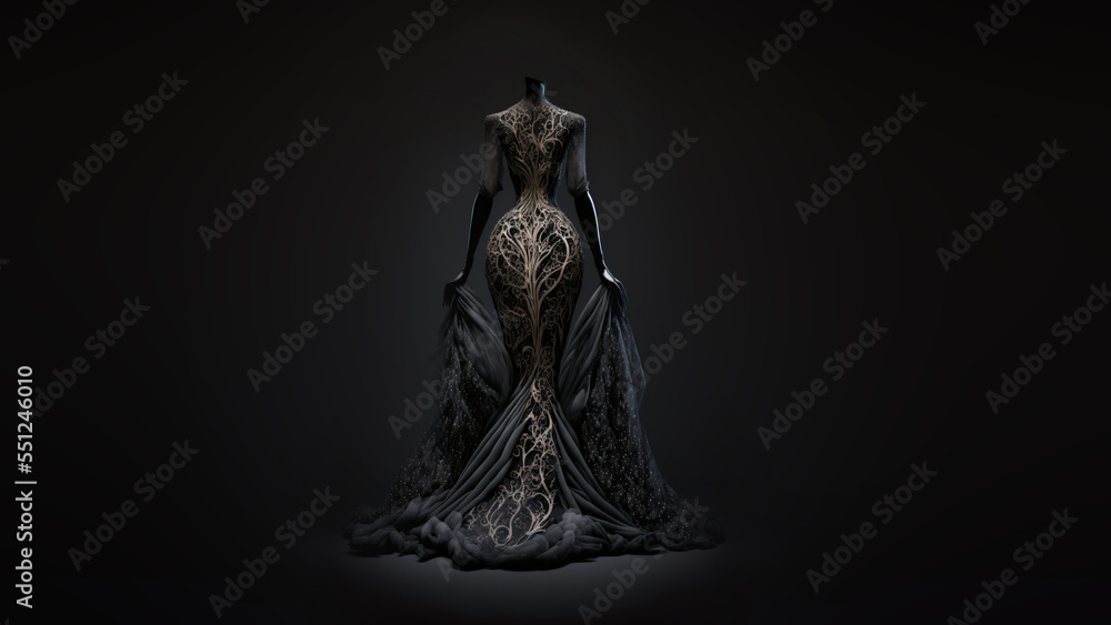 stature with a black wedding dress with golden details in the spotlight ...