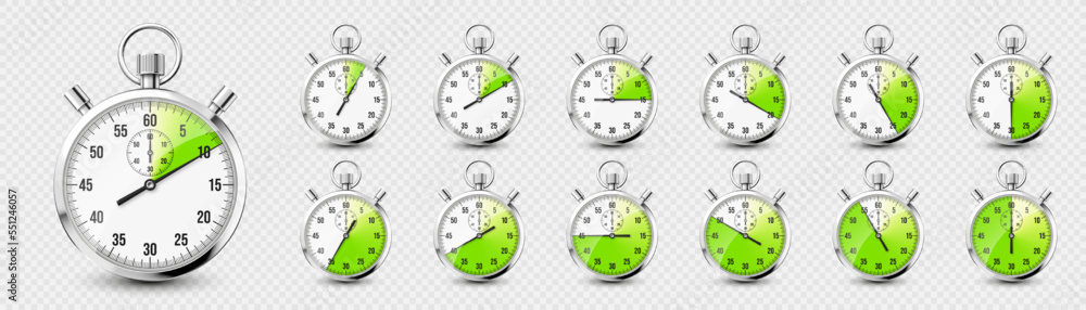 Realistic classic stopwatch icons. Shiny metal chronometer time counter with dial. Green countdown timer showing minutes and seconds. Time measurement for sport, start and finish. Vector illustration Realistic classic stopwatch icons. Shiny metal chronometer time counter with dial. Green countdown timer showing minutes and seconds. Time measurement for sport, start and finish. Vector illustration