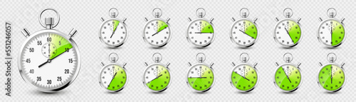 Realistic classic stopwatch icons. Shiny metal chronometer time counter with dial. Green countdown timer showing minutes and seconds. Time measurement for sport, start and finish. Vector illustration