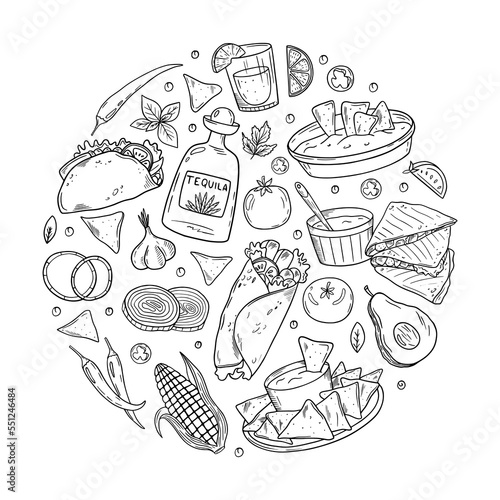Set of Mexican traditional food. Cuisine mexicaine. Linear graphics.Round composition. Hand drawn outline vector sketch illustration. Black on white background.  Mexican food menu for restaurant, cafe