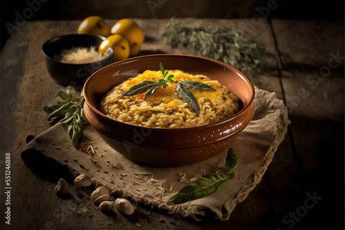 a dish of Risotto alla Milanese in rustic italian kitchen