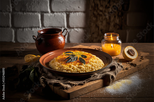 a dish of Risotto alla Milanese in rustic italian kitchen