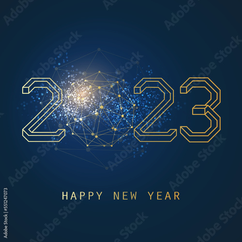 3D Line Art Style Golden and Dark Blue Modern Happy New Year Greeting Card, Creative Vector Design Template with Polygonal Globe - Multipurpose Vector Banner, Typography Template for Web, Year 2023