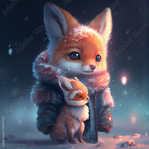 cute fox mother with child