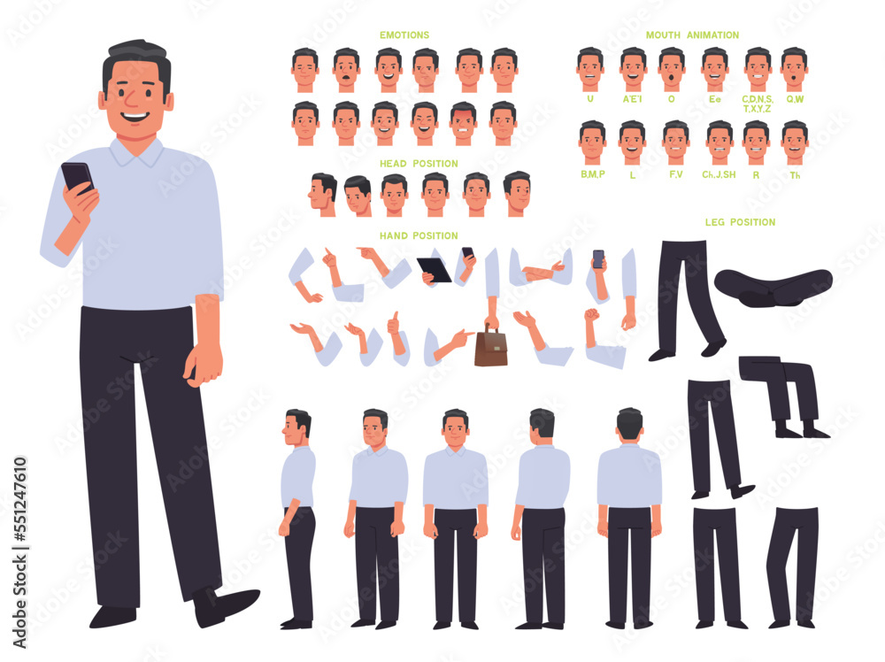 Business man character constructor. Creating an animation of a man, the position of arms and legs, mouth, various emotions. View from different sides - obrazy, fototapety, plakaty 