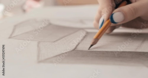 Girl draws a pencil sketch on paper. Close-up. The concept of creativity, painting, fine art, graphics and design. Drawing lessons. 4K 4096x2160.