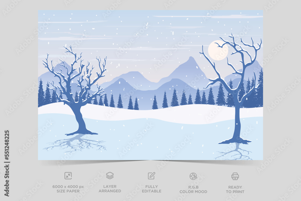 Winter ice mountain landscape. Holiday winter landscape. Abstract flat minimalist landscape design Winter ice mountain landscape. Holiday winter landscape. Abstract flat minimalist landscape design