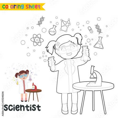 Easy coloring worksheet for children. Kid’s dream job. Coloring a cute little girl as scientist does an experiment in the lab. Preschool activity sheet. Kawaii vector illustration file.