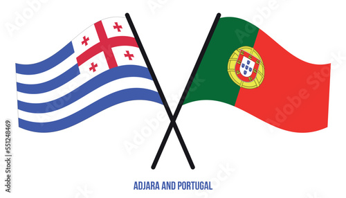 Adjara and Portugal Flags Crossed And Waving Flat Style. Official Proportion. Correct Colors.