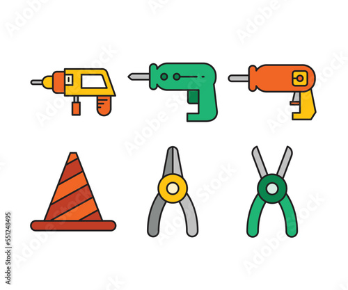 drill, pliers and traffic cone icons set