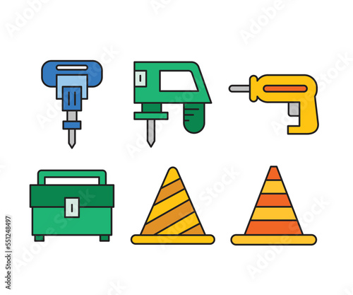 electric drill and traffic cone icons set