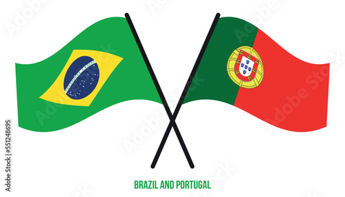 Brazil and Portugal Flags Crossed And Waving Flat Style. Official Proportion. Correct Colors.