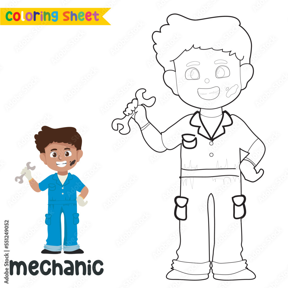 Easy coloring worksheet for children. Kid’s dream job a cute mechanic boy holding a wrench with oil on his face. Preschool activity sheet. Kawaii vector illustration file. 