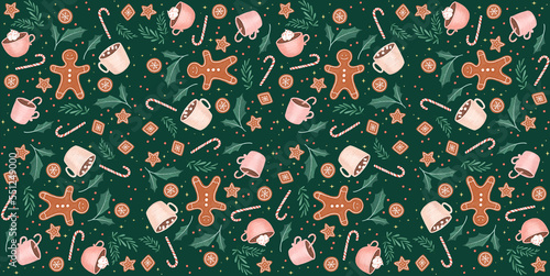 Seamless Christmas Pattern With Gingerbread Man, Hot Chocolate, Marshmallows, Candy Canes, Holly & Mistletoe
