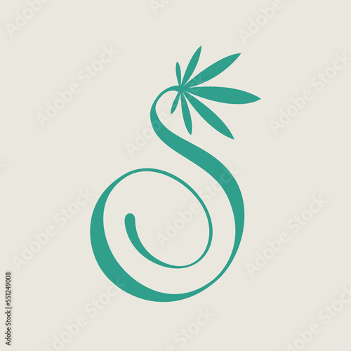 Letter S cannabis leaf logo.Alphabet initial.Lettering sign isolated on light fund.Decorative style icon for brand identity.Hemp, marijuana font monogram.Plant, petal shape.Healthy lifestyle concept.