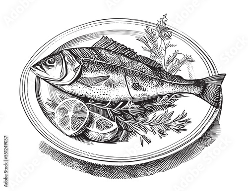 Fish on a plate hand drawn engraving sketch Restaurant business concept Vector illustration