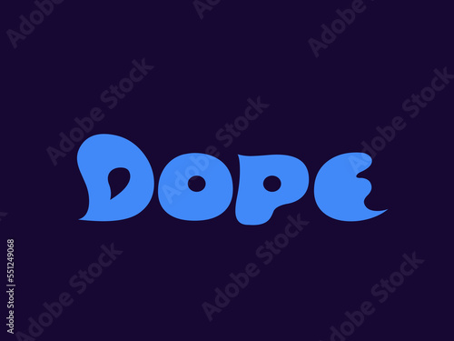 DOPE word mark logo. Bold lettering text. Alphabet initials. Playful characters isolated on dark fund. Decorative letters for brand identity. Abstract organic shapes.