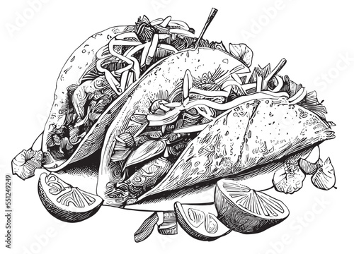 Tacos mexican food hand drawn engraving sketch Restaurant business concept Vector illustration.