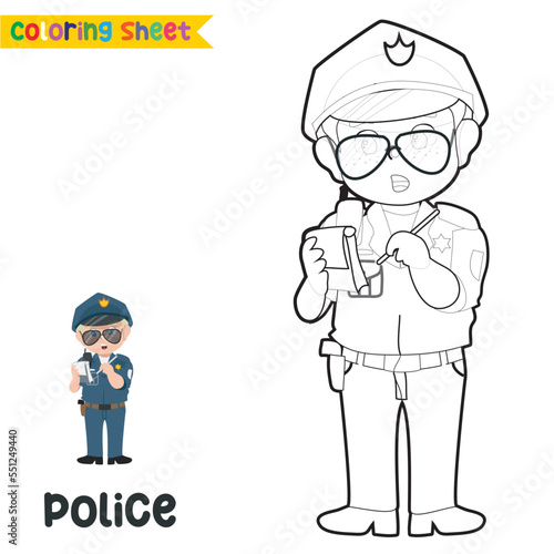 Easy coloring worksheet for children. Kid’s dream job. a cute police officer writes a speeding ticket. Preschool activity sheet. Kawaii vector illustration file.