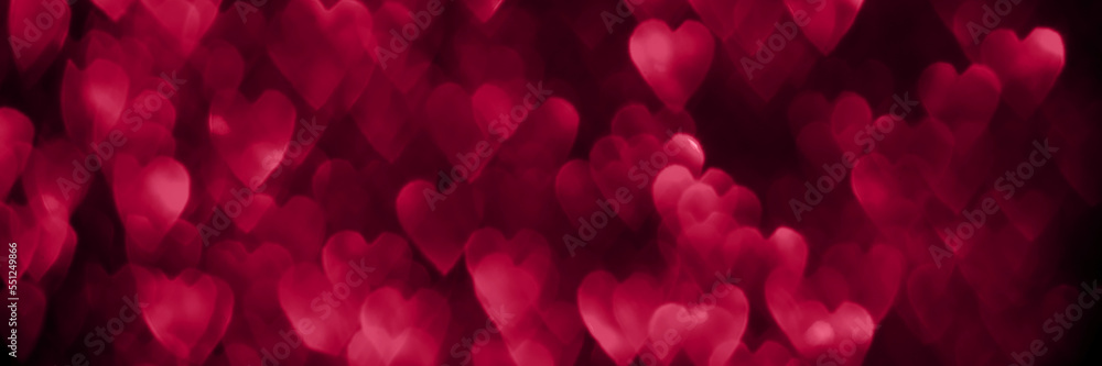 Trendy viva magenta color of the year 2023, pink red hearts, sparkling glitter bokeh panoramic background banner, valentines day abstract defocused texture header - obrazy, fototapety, plakaty 