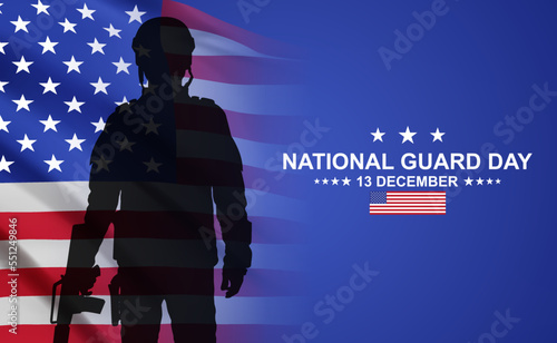 Silhouette of soldier with USA flag. Greetings Card for National Guard Day