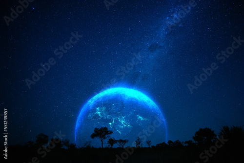 Sci-Fi night landscape scene with galaxy stars on the horizon