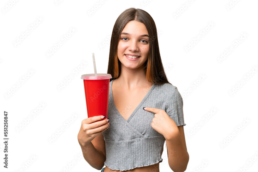 Teenager caucasian girl holding a soda over isolated background with surprise facial expression Teenager caucasian girl holding a soda over isolated background with surprise facial expression